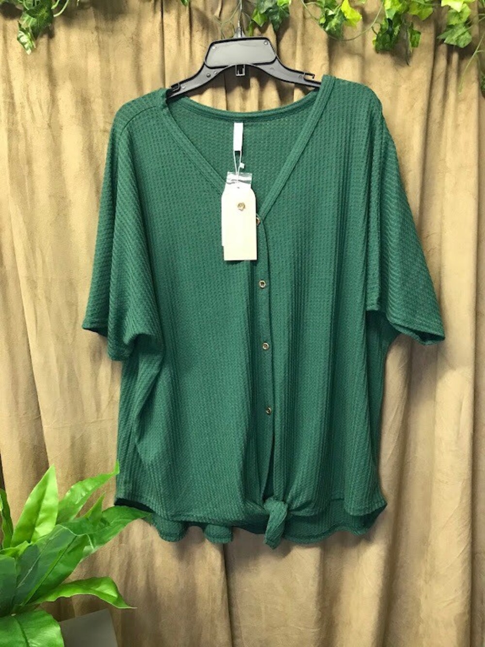 CUEPLY Green Waffle Knit Button-Down Top 3X with Front Tie Detail